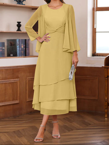 A-Line/Princess Scoop Neck 2 Pcs Tea-Length Mother of the Bride Dresses with Ruffles & jacket