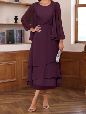 A-Line/Princess Scoop Neck 2 Pcs Tea-Length Mother of the Bride Dresses with Ruffles & jacket