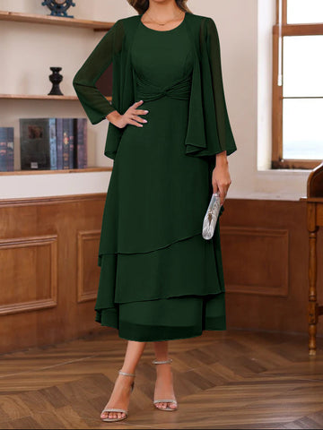 A-Line/Princess Scoop Neck 2 Pcs Tea-Length Mother of the Bride Dresses with Ruffles & jacket