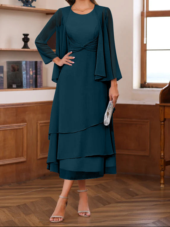 A-Line/Princess Scoop Neck 2 Pcs Tea-Length Mother of the Bride Dresses with Ruffles & jacket