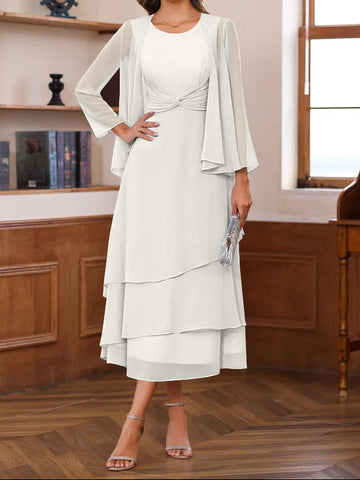 A-Line/Princess Scoop Neck 2 Pcs Tea-Length Mother of the Bride Dresses with Ruffles & jacket
