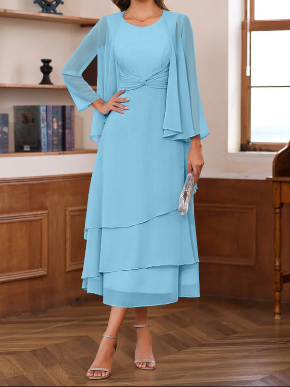 A-Line/Princess Scoop Neck 2 Pcs Tea-Length Mother of the Bride Dresses with Ruffles & jacket