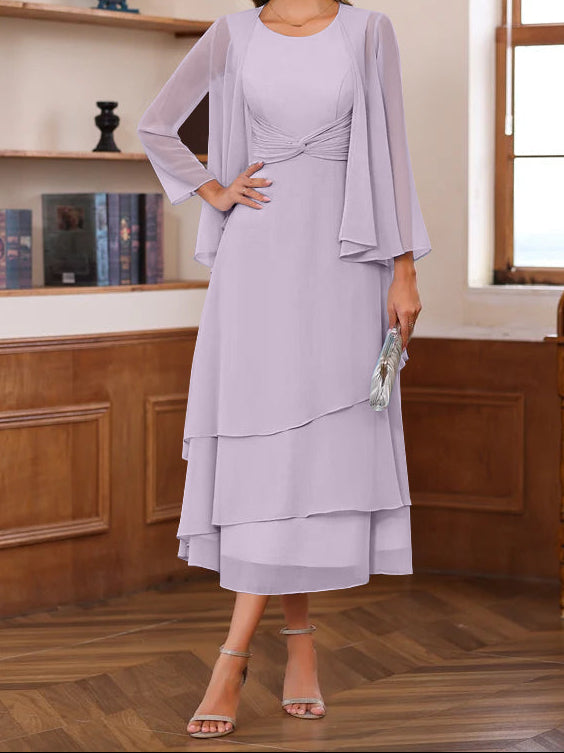 A-Line/Princess Scoop Neck 2 Pcs Tea-Length Mother of the Bride Dresses with Ruffles & jacket