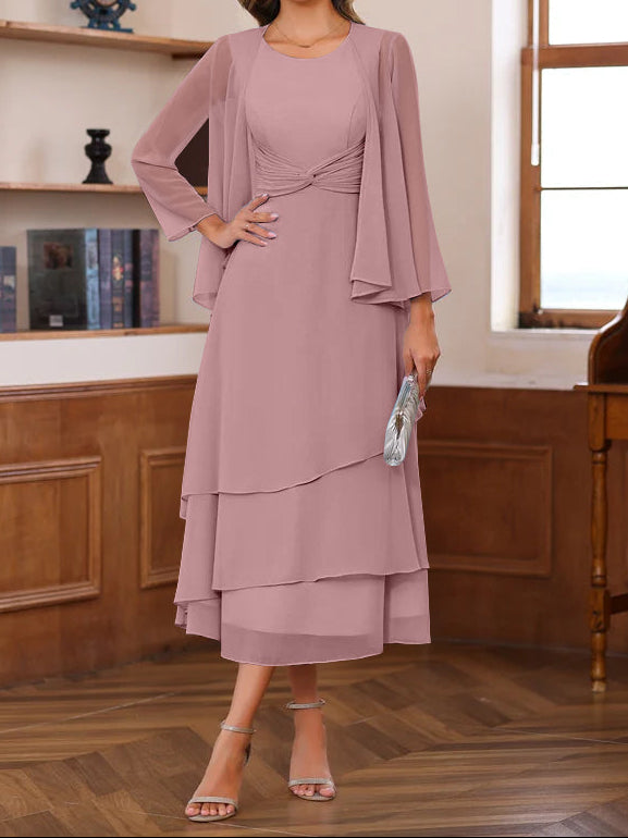 A-Line/Princess Scoop Neck 2 Pcs Tea-Length Mother of the Bride Dresses with Ruffles & jacket