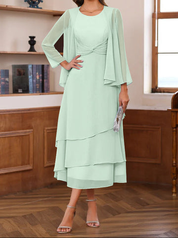 A-Line/Princess Scoop Neck 2 Pcs Tea-Length Mother of the Bride Dresses with Ruffles & jacket