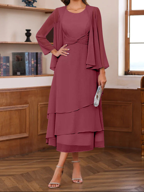 A-Line/Princess Scoop Neck 2 Pcs Tea-Length Mother of the Bride Dresses with Ruffles & jacket