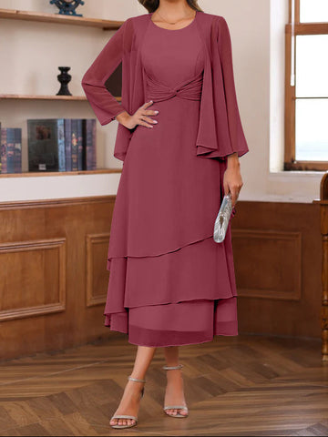 A-Line/Princess Scoop Neck 2 Pcs Tea-Length Mother of the Bride Dresses with Ruffles & jacket