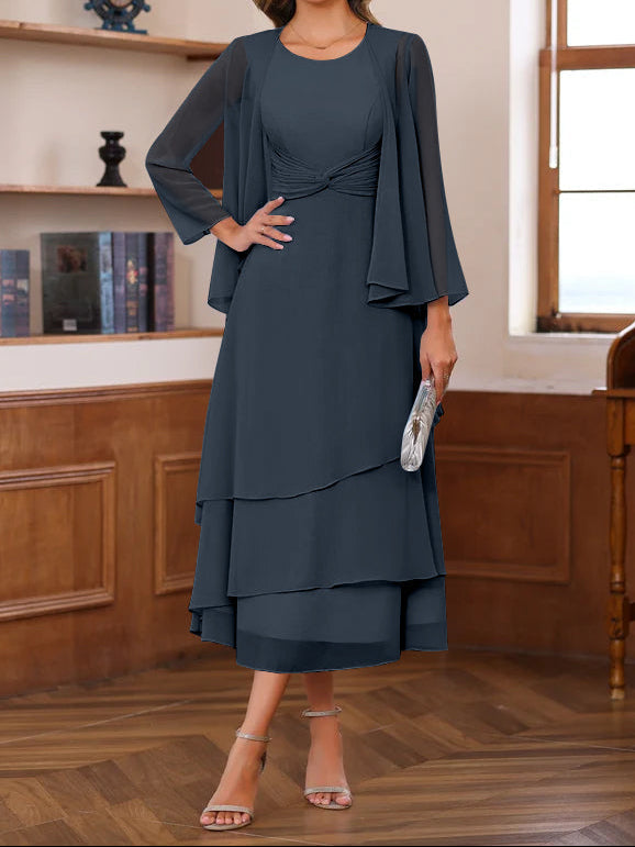A-Line/Princess Scoop Neck 2 Pcs Tea-Length Mother of the Bride Dresses with Ruffles & jacket