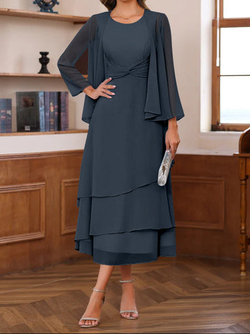 A-Line/Princess Scoop Neck 2 Pcs Tea-Length Mother of the Bride Dresses with Ruffles & jacket