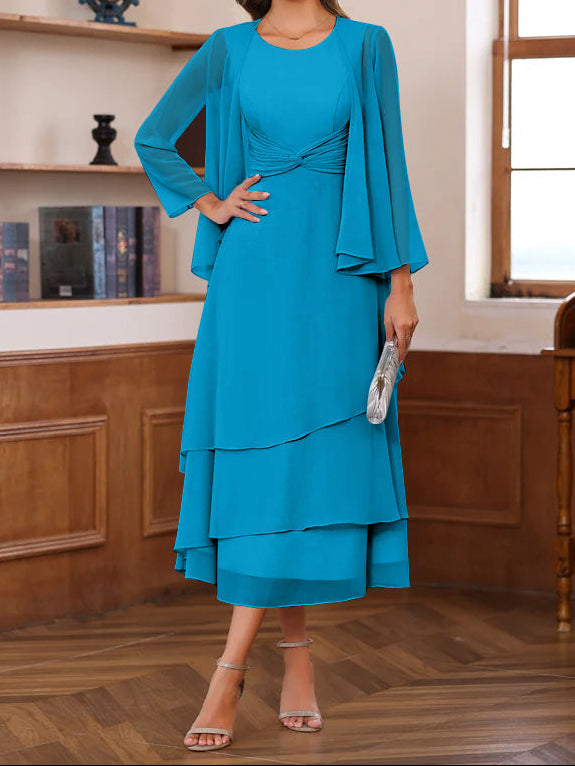 A-Line/Princess Scoop Neck 2 Pcs Tea-Length Mother of the Bride Dresses with Ruffles & jacket