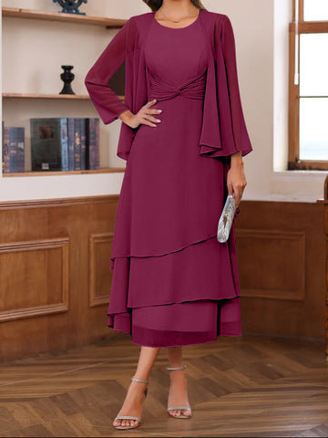 A-Line/Princess Scoop Neck 2 Pcs Tea-Length Mother of the Bride Dresses with Ruffles & jacket