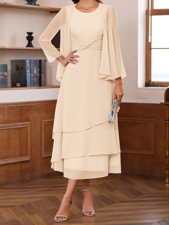 A-Line/Princess Scoop Neck 2 Pcs Tea-Length Mother of the Bride Dresses with Ruffles & jacket