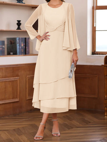 A-Line/Princess Scoop Neck 2 Pcs Tea-Length Mother of the Bride Dresses with Ruffles & jacket
