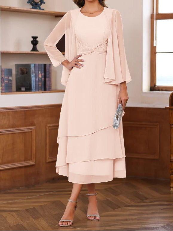 A-Line/Princess Scoop Neck 2 Pcs Tea-Length Mother of the Bride Dresses with Ruffles & jacket