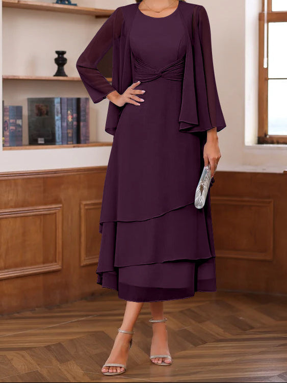 A-Line/Princess Scoop Neck 2 Pcs Tea-Length Mother of the Bride Dresses with Ruffles & jacket