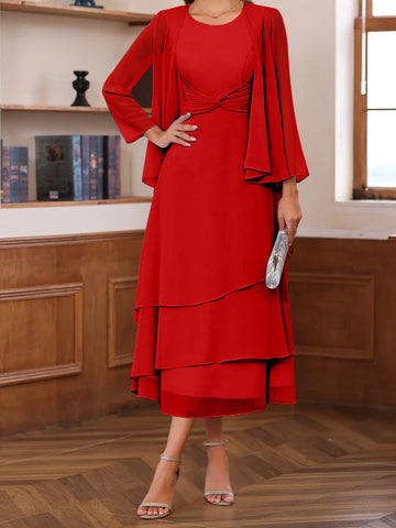 A-Line/Princess Scoop Neck 2 Pcs Tea-Length Mother of the Bride Dresses with Ruffles & jacket