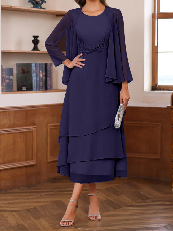 A-Line/Princess Scoop Neck 2 Pcs Tea-Length Mother of the Bride Dresses with Ruffles & jacket