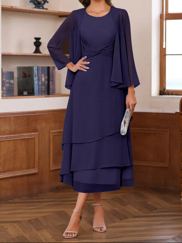 A-Line/Princess Scoop Neck 2 Pcs Tea-Length Mother of the Bride Dresses with Ruffles & jacket