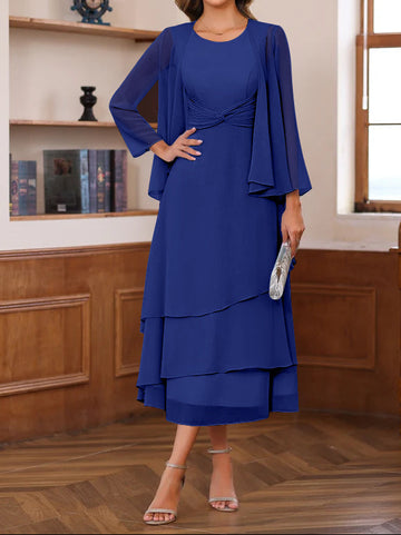 A-Line/Princess Scoop Neck 2 Pcs Tea-Length Mother of the Bride Dresses with Ruffles & jacket