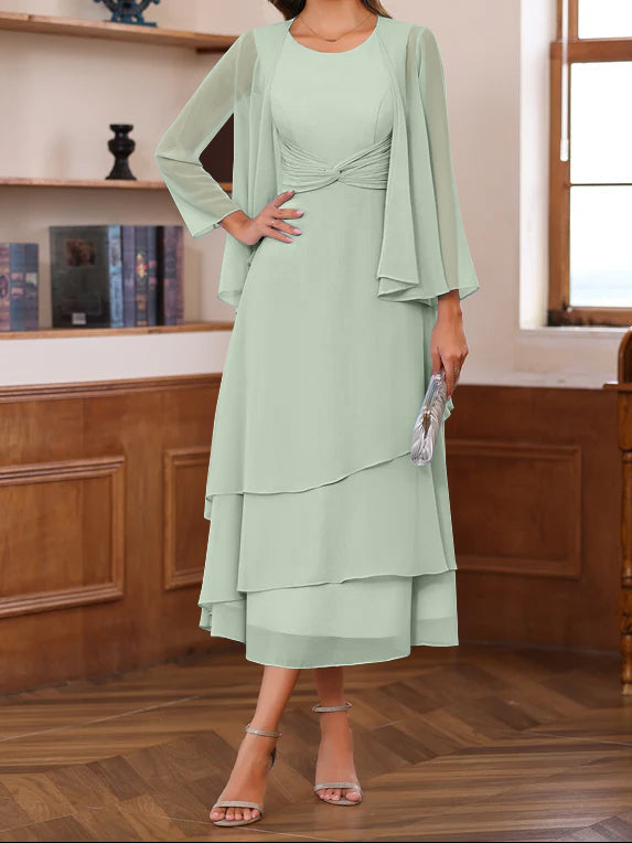 A-Line/Princess Scoop Neck 2 Pcs Tea-Length Mother of the Bride Dresses with Ruffles & jacket