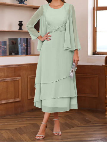 A-Line/Princess Scoop Neck 2 Pcs Tea-Length Mother of the Bride Dresses with Ruffles & jacket