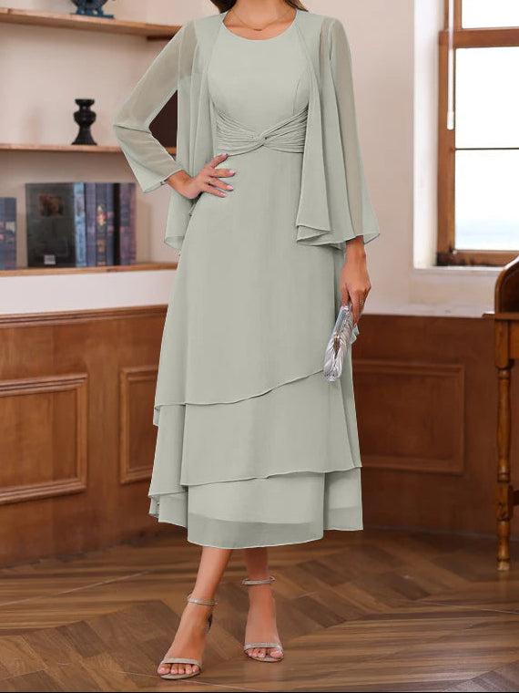 A-Line/Princess Scoop Neck 2 Pcs Tea-Length Mother of the Bride Dresses with Ruffles & jacket