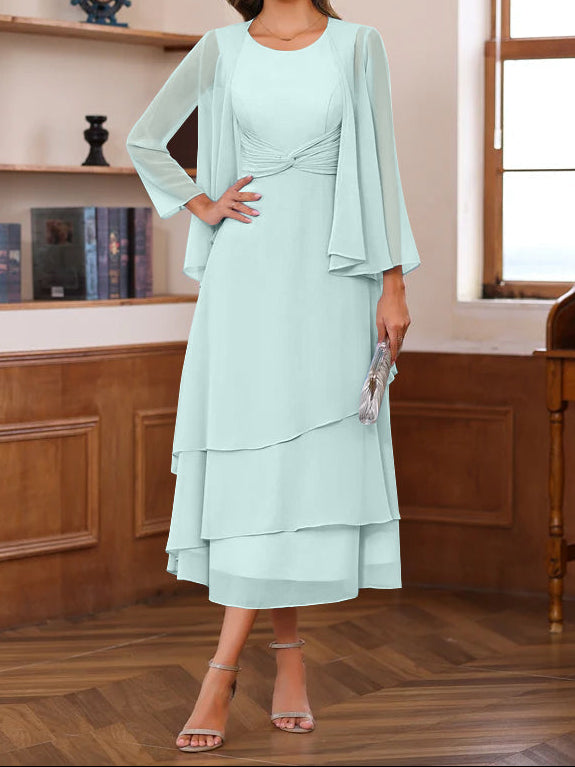 A-Line/Princess Scoop Neck 2 Pcs Tea-Length Mother of the Bride Dresses with Ruffles & jacket