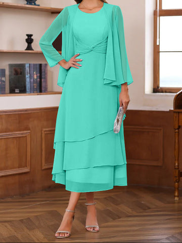 A-Line/Princess Scoop Neck 2 Pcs Tea-Length Mother of the Bride Dresses with Ruffles & jacket