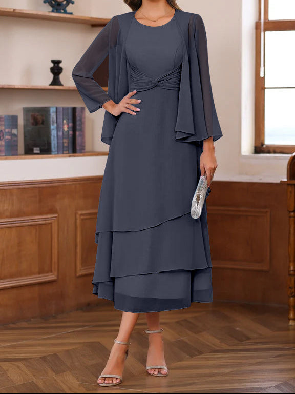 A-Line/Princess Scoop Neck 2 Pcs Tea-Length Mother of the Bride Dresses with Ruffles & jacket