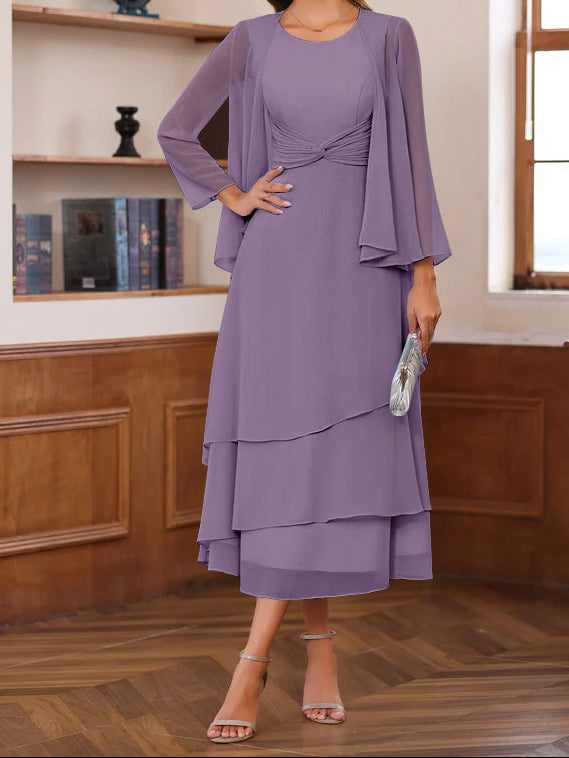 A-Line/Princess Scoop Neck 2 Pcs Tea-Length Mother of the Bride Dresses with Ruffles & jacket