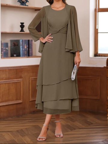 A-Line/Princess Scoop Neck 2 Pcs Tea-Length Mother of the Bride Dresses with Ruffles & jacket