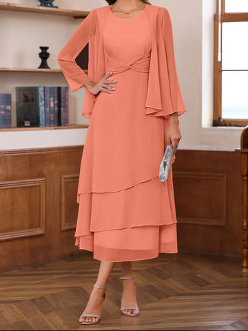 A-Line/Princess Scoop Neck 2 Pcs Tea-Length Mother of the Bride Dresses with Ruffles & jacket