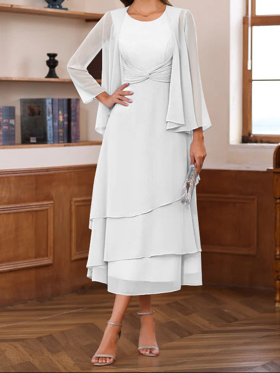 A-Line/Princess Scoop Neck 2 Pcs Tea-Length Mother of the Bride Dresses with Ruffles & jacket
