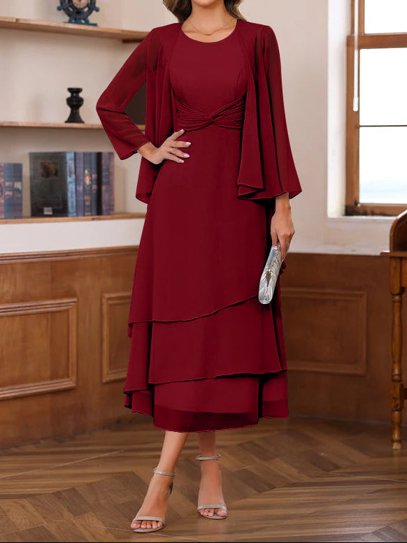 A-Line/Princess Scoop Neck 2 Pcs Tea-Length Mother of the Bride Dresses with Ruffles & jacket