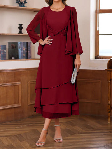 A-Line/Princess Scoop Neck 2 Pcs Tea-Length Mother of the Bride Dresses with Ruffles & jacket