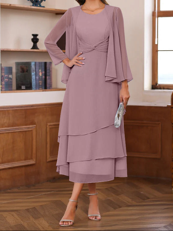 A-Line/Princess Scoop Neck 2 Pcs Tea-Length Mother of the Bride Dresses with Ruffles & jacket