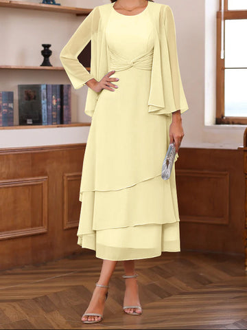 A-Line/Princess Scoop Neck 2 Pcs Tea-Length Mother of the Bride Dresses with Ruffles & jacket