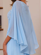 A-Line/Princess V-Neck 2 Pics Floor-Length Plus Size Mother of the Bride Dresses with Appliques, Ruffles & Wrap