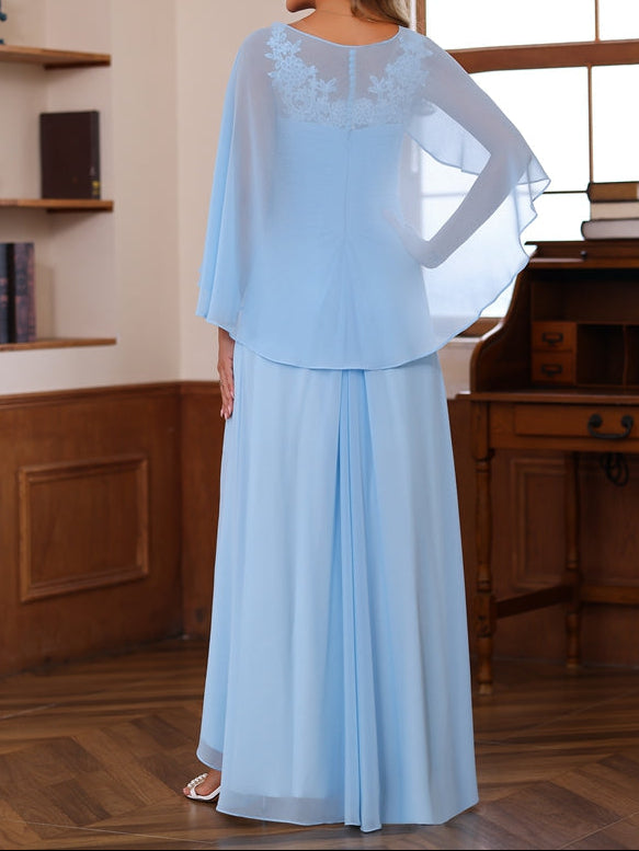 A-Line/Princess V-Neck 2 Pics Floor-Length Mother of the Bride Dresses with Appliques, Ruffles & Wrap
