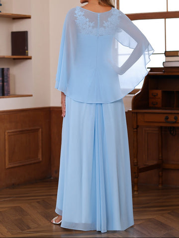 A-Line/Princess V-Neck 2 Pics Floor-Length Mother of the Bride Dresses with Appliques, Ruffles & Wrap