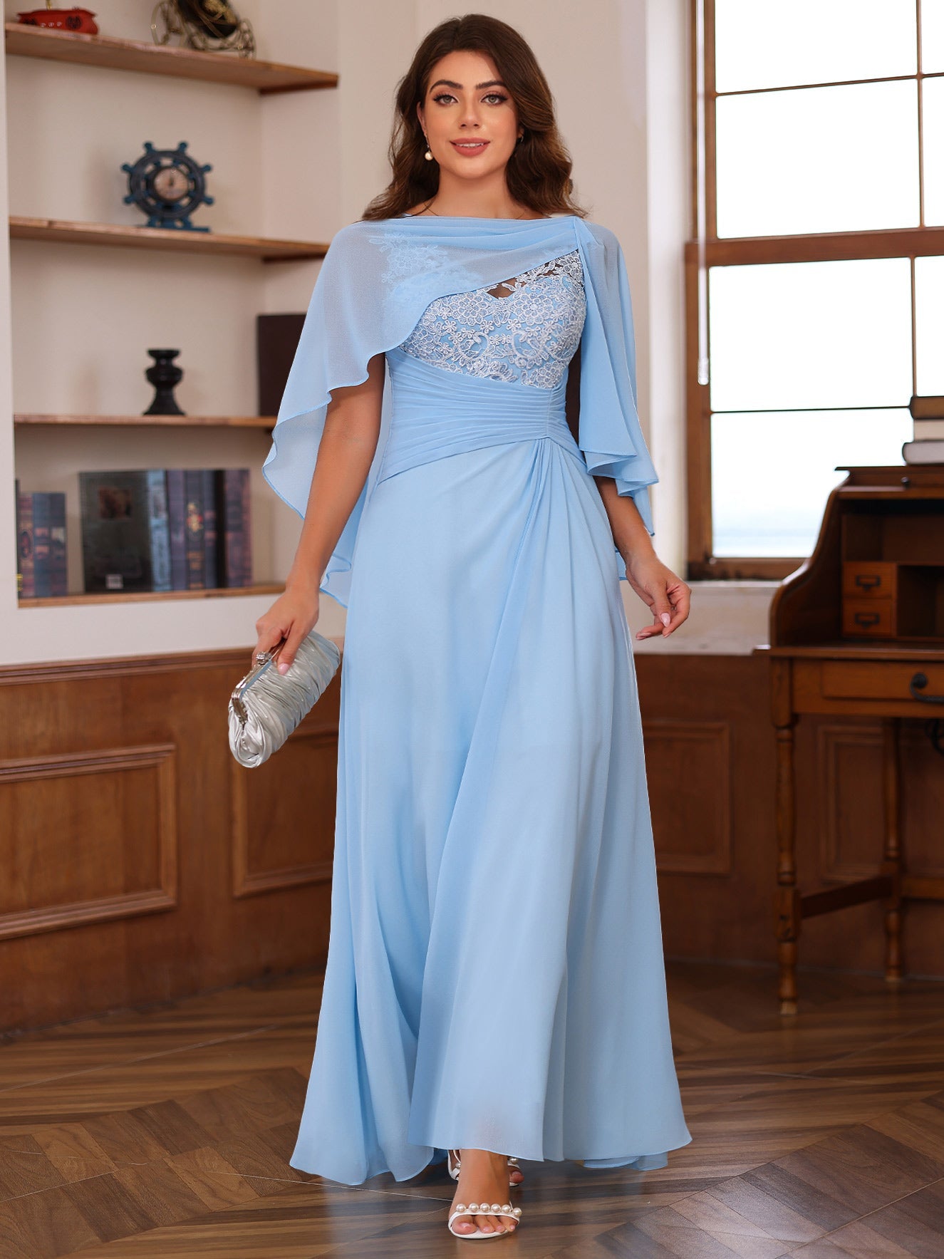 A-Line/Princess V-Neck 2 Pics Floor-Length Plus Size Mother of the Bride Dresses with Appliques, Ruffles & Wrap