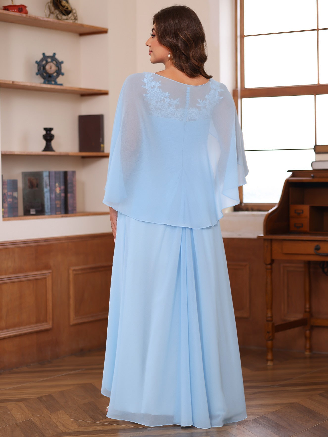 A-Line/Princess V-Neck 2 Pics Floor-Length Plus Size Mother of the Bride Dresses with Appliques, Ruffles & Wrap