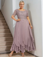 A-Line/Princess Round Neck Short Sleeves Ankle-Length Plus Size Mother of the Bride Dress with Cascading Ruffles
