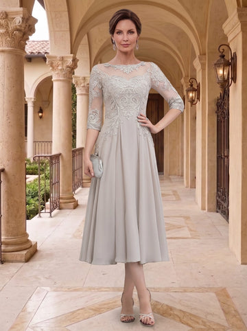 A-Line/Princess Scoop Neck Half Sleeves Tea-Length Mother of the Bride Dresses with Appliques & Lace