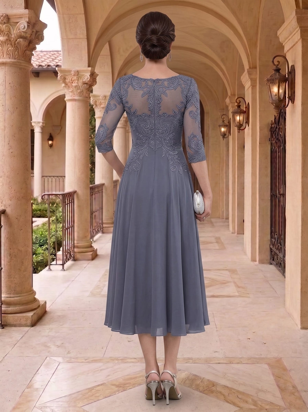 A-Line/Princess Scoop Neck Half Sleeves Tea-Length Mother of the Bride Dresses with Appliques & Lace
