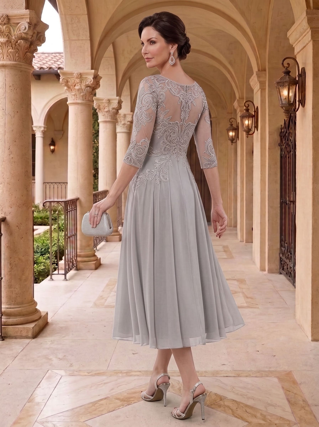 A-Line/Princess Scoop Neck Half Sleeves Tea-Length Mother of the Bride Dresses with Appliques & Lace