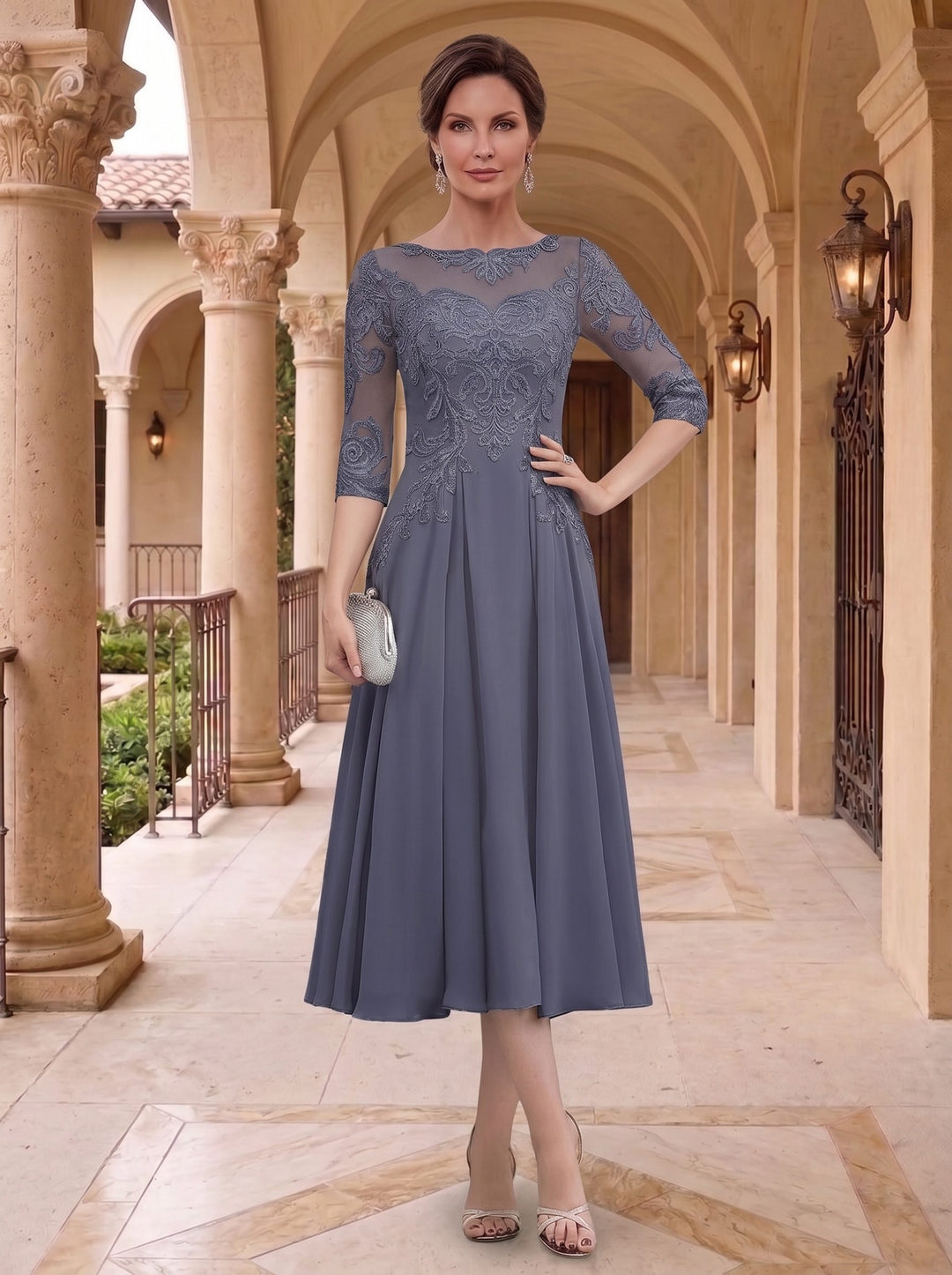 A-Line/Princess Scoop Neck Half Sleeves Tea-Length Mother of the Bride Dresses with Appliques & Lace