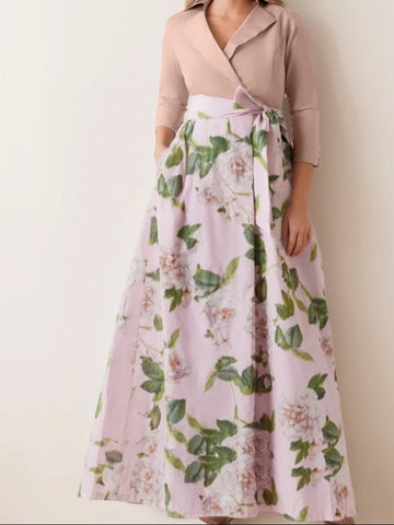 A-Line/Princess V-Neck 3/4 Sleeves Printed Floral Plus Size Mother of the Bride Dresses with Bow Belt