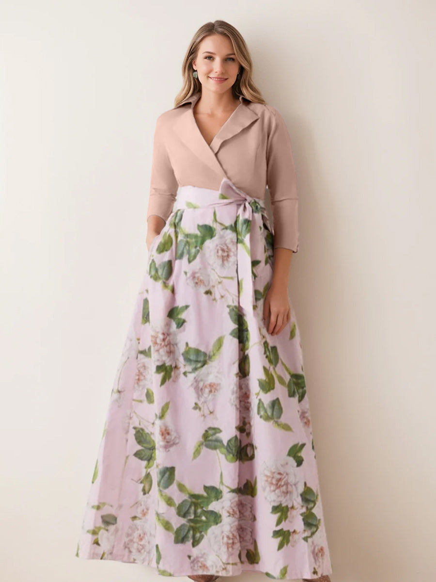 A-Line/Princess V-Neck 3/4 Sleeves Printed Floral Plus Size Mother of the Bride Dresses with Bow Belt