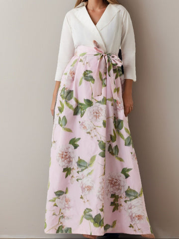 A-Line/Princess V-Neck 3/4 Sleeves Printed Floral Plus Size Mother of the Bride Dresses with Bow Belt